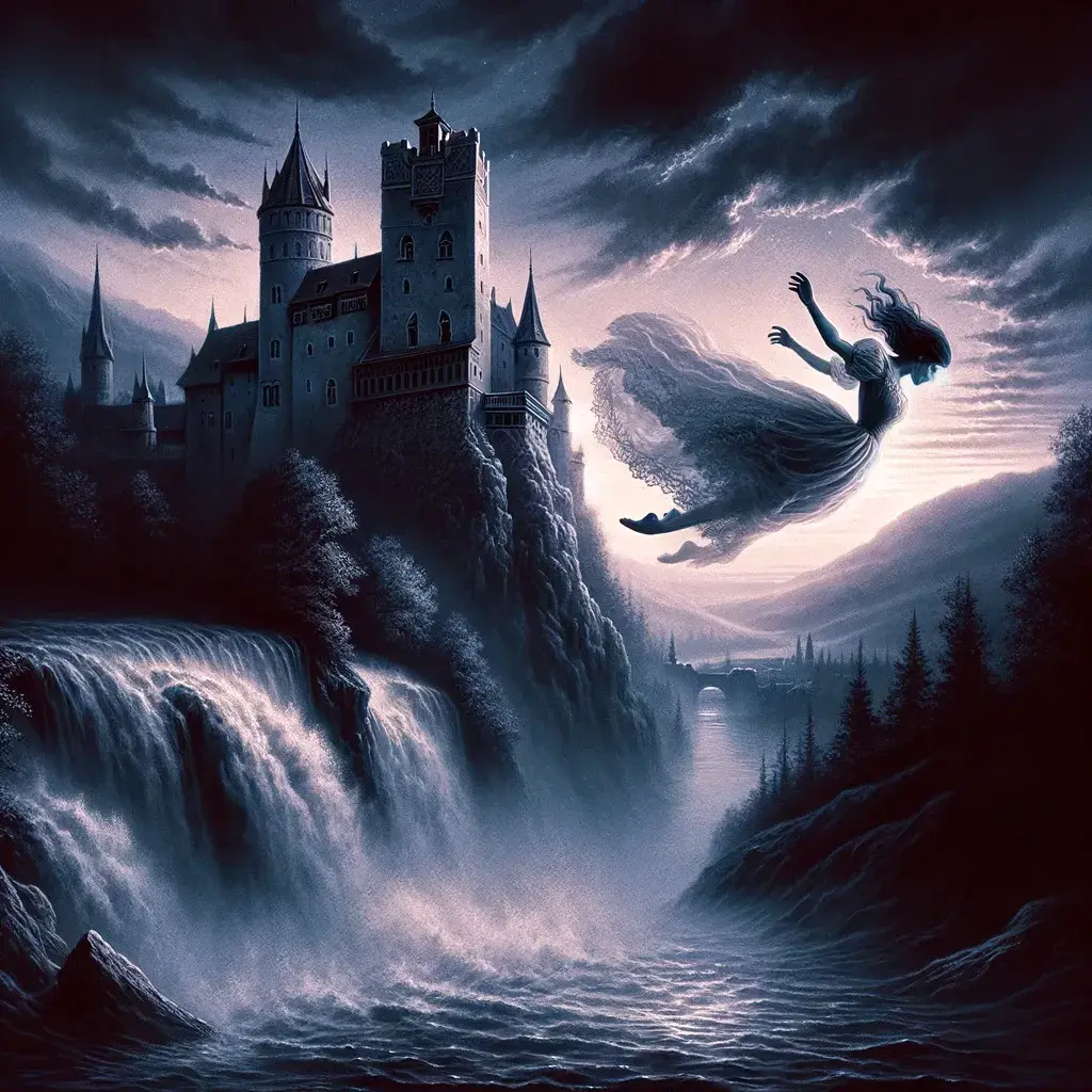 DALL·E 2024-02-19 16.16.44 - A haunting and surreal illustration of the tragic moment when Dracula's beloved leaps from the castle tower into the river below. The scene is set at .webp