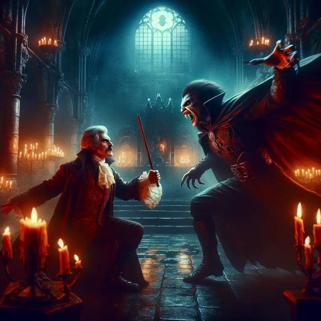 DALL·E 2024-02-19 16.17.07 - An intense and dramatic scene depicting the final showdown between Dracula and Dr. Abraham Van Helsing. The setting is a dark, Gothic chamber within D.webp